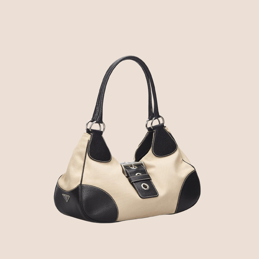 PRADA BEIGE & BROWN NYLON & LEATHER BUCKLE MOON BAG