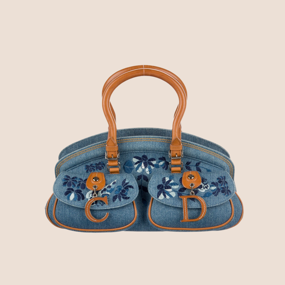 CHRISTIAN DIOR 2005 DENIM EMBROIDERED DETECTIVE HANDBAG