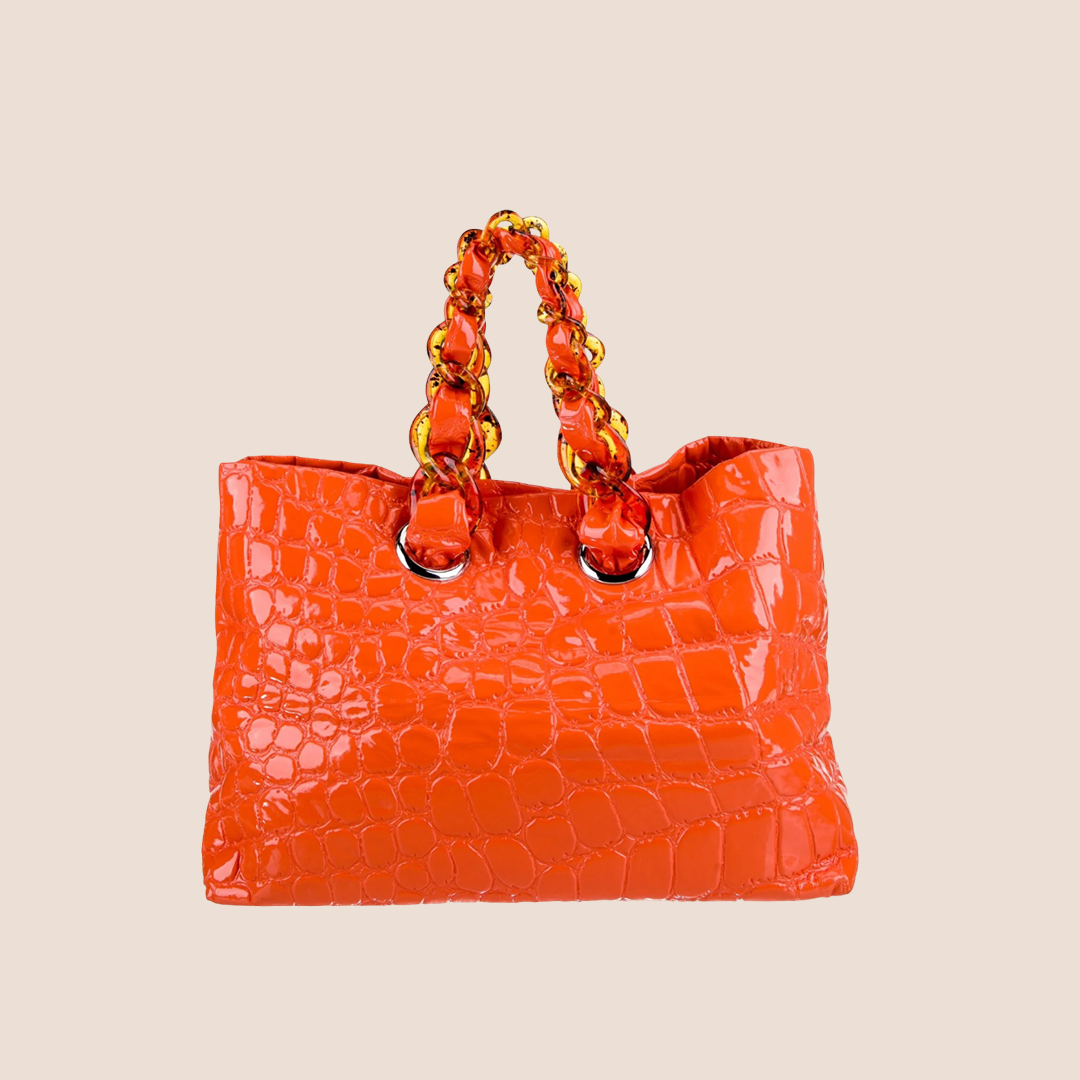MIU MIU ORANGE PATENT LEATHER JUMBO CROC EMBOSSED TOTE BAG