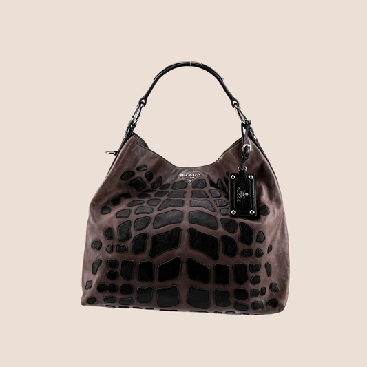 PRADA BROWN GLACE PATCH HOBO BAG