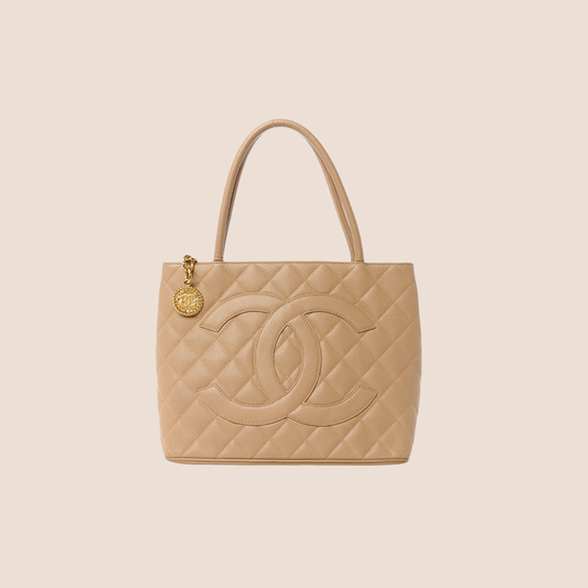 CHANEL BEIGE CAVIAR QUILTED MEDALLION TOTE BAG