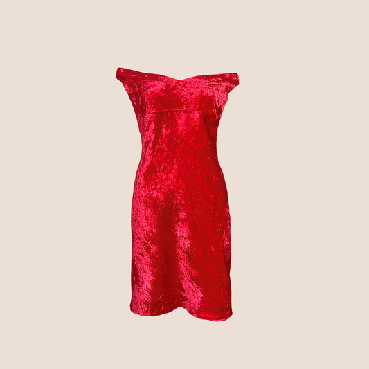 ANNA MOLINARI 2000 RED VELVET OFF SHOULDER MIDI DRESS