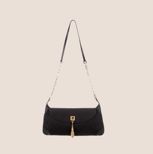 GUCCI BLACK GG MONOGRAM CANVAS TIGER HEAD SHOULDER BAG