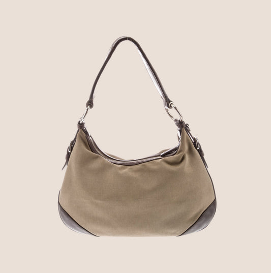 PRADA BEIGE & BROWN JACQUARD LOGO LARGE HOBO BAG