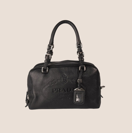 PRADA 2000 VITELLO DAINO BLACK BAULETTO LOGO BAG
