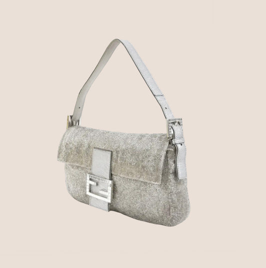 FENDI SILVER BEADED CRYSTAL BAGUETTE BAG