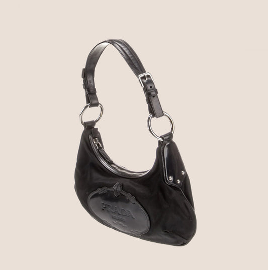 PRADA 2000 BLACK TESSUTO LOGO PATCH SHOULDER BAG