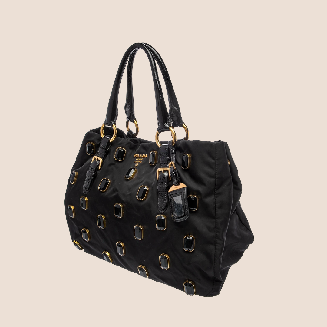 PRADA BLACK NYLON CRYSTAL EMBELLISHED TOTE BAG