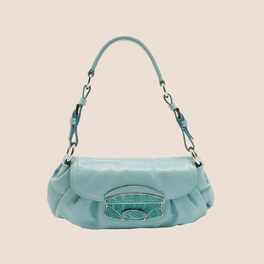 PRADA 2000 BLUE PLEATED LEATHER CROCO PUSHLOCK BAGUETTE BAG
