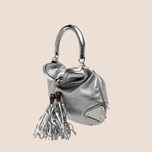 GUCCI METALLIC SILVER LEATHER BABOUSKA INDY HOBO BAG
