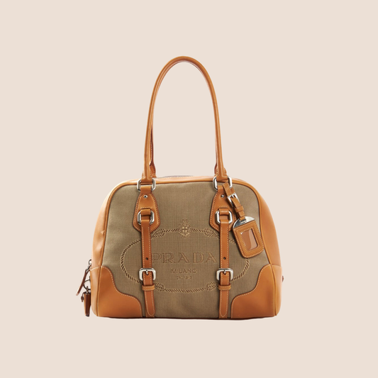 PRADA 2000 TAN JACQUARD LOGO SHOULDER BAG