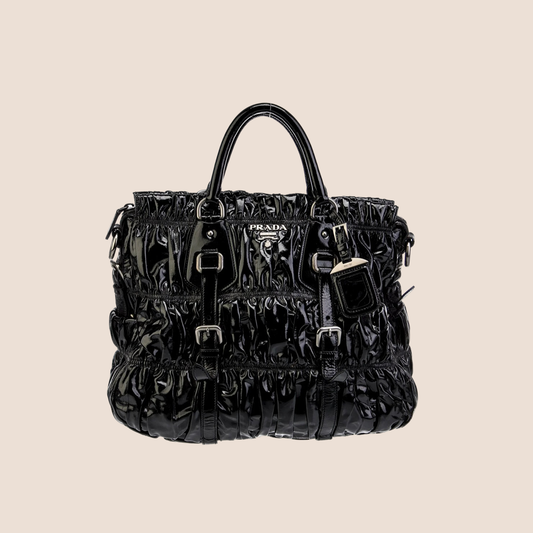 PRADA BLACK VERNICE GAUFRE TOTE BAG