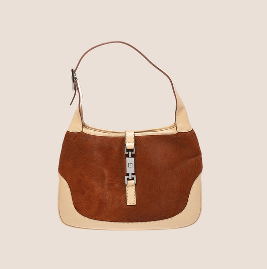 GUCCI BEIGE CALFHAIR & LEATHER JACKIE HOBO BAG