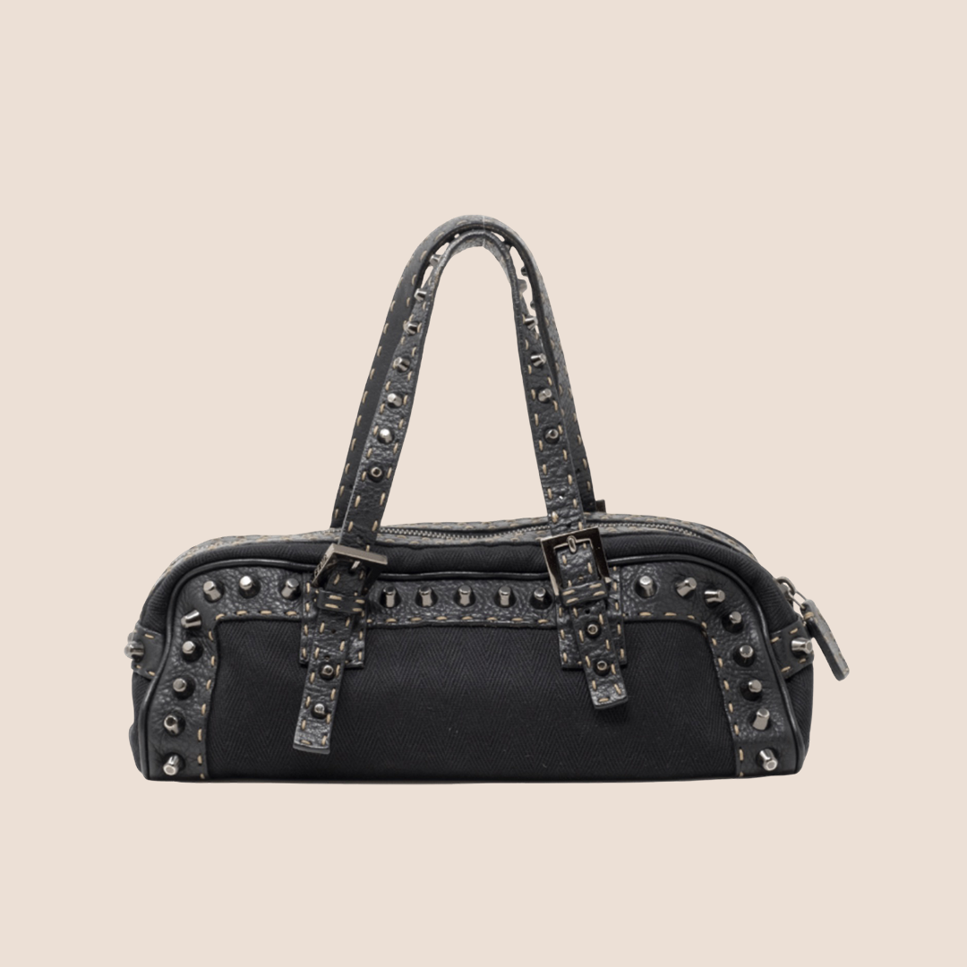 FENDI BLACK STUDDED SELLERIA EAST WEST SHOULDER BAG
