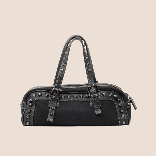 FENDI BLACK STUDDED SELLERIA EAST WEST SHOULDER BAG