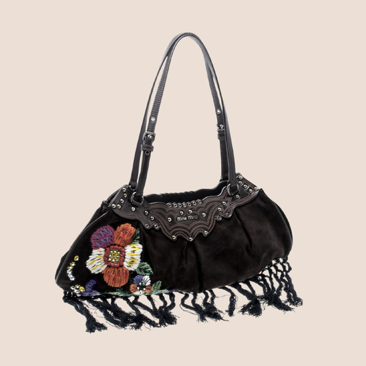 MIU MIU 2000 BROWN SUEDE FLOWER EMBROIDERED SHOULDER BAG