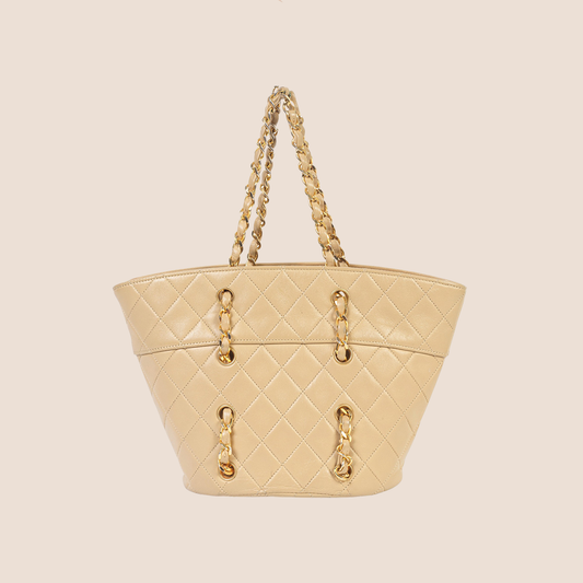 CHANEL BEIGE LAMBSKIN CHAIN BUCKET BAG