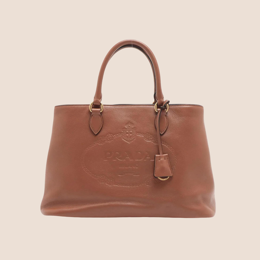 PRADA BROWN CALFKSKIN EMBOSSED LOGO TOTE BAG