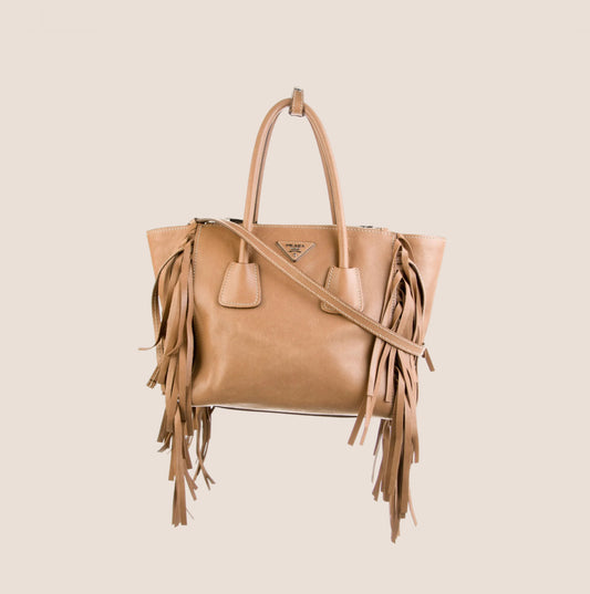 PRADA GLACE CALF FRINGE TWIN POCKET TOTE BAG