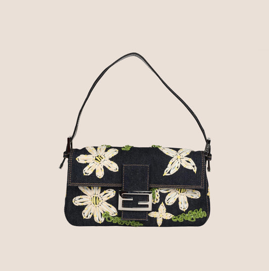 FENDI 2000 DENIM DAISY BAGUETTE BAG