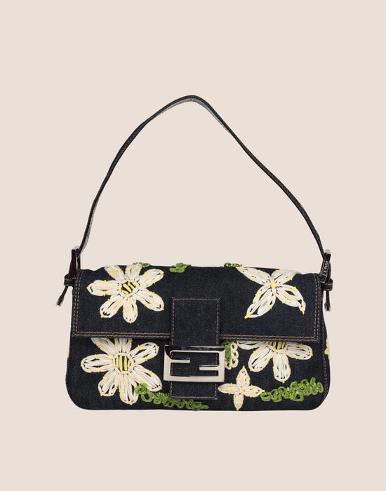 FENDI 2000 DENIM DAISY BAGUETTE BAG