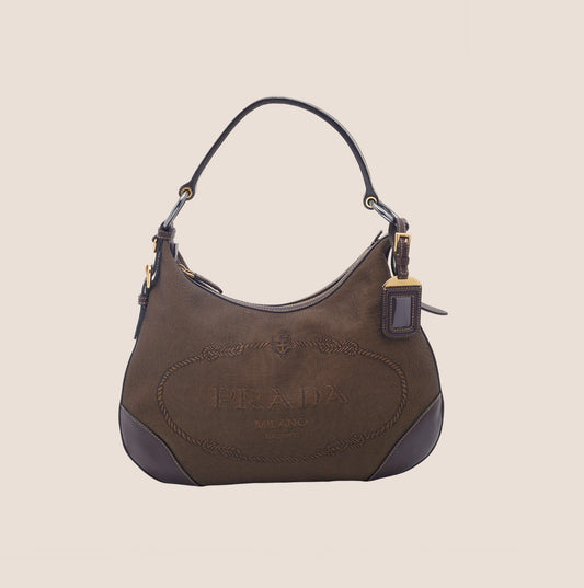 PRADA BROWN LOGO JACQUARD LOGO BAG