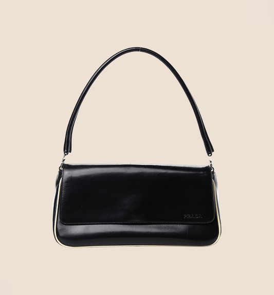 PRADA BLACK SPAZZOLATO BAGUETTE FLAP BAG