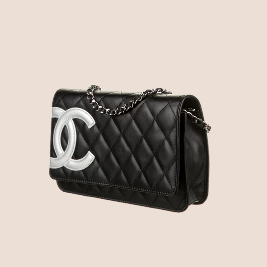 CHANEL 2005 CC LOGO BLACK CAMBON WALLET ON CHAIN