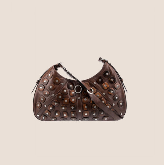 YVES SAINT LAURENT BROWN LEATHER STUDDED HOBO BAG