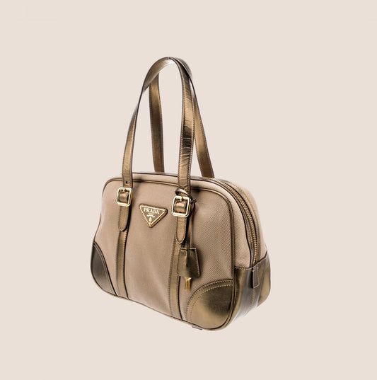 PRADA SAFFIANO TRIMMED GOLD BOWLING BAG