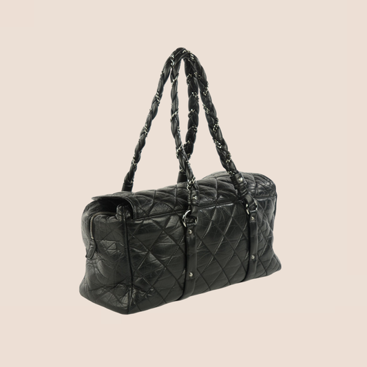 CHANEL BLACK DISTRESSED QUILTED LADY BRAID FLAP TOTE BAG