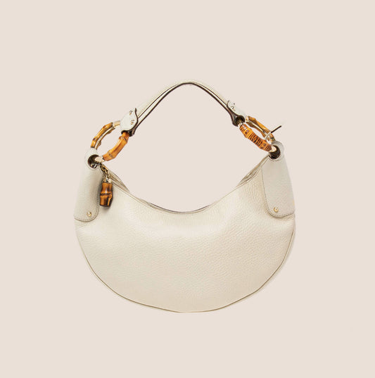 GUCCI WHITE LEATHER HALF MOON BAMBOO RING HOBO BAG