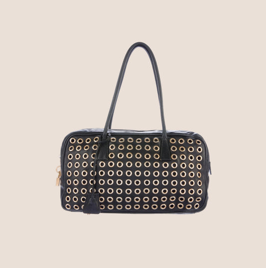 PRADA 2000 BLACK RIVET STUDDED BAULETTO BAG