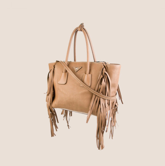 PRADA GLACE CALF FRINGE TWIN POCKET TOTE BAG