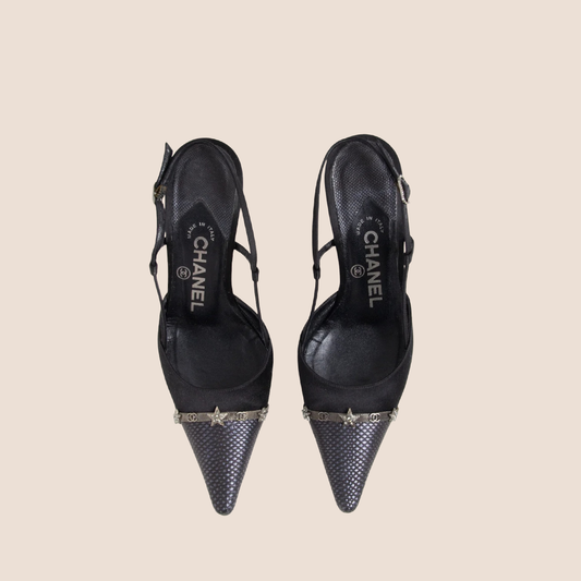CHANEL SATIN STAR EMBELLISHED SLINGBACK MULES