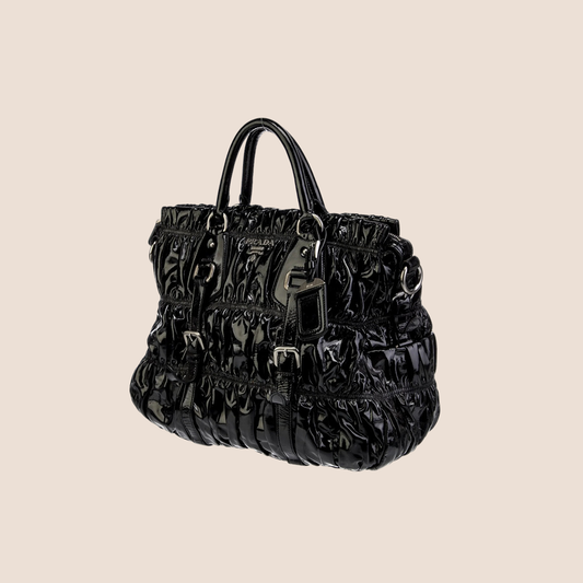 PRADA BLACK VERNICE GAUFRE TOTE BAG