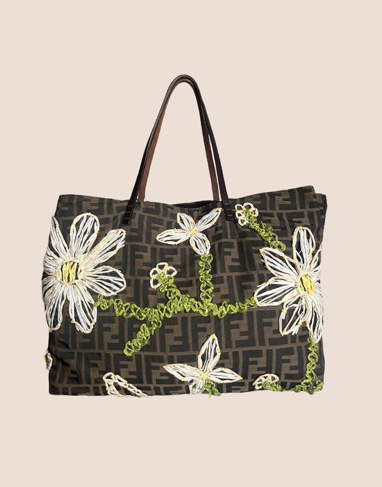 FENDI FLORAL EMBROIDERED BROWN CANVAS ZUCCA SHOPPER TOTE