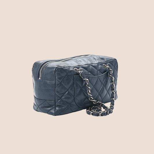 CHANEL BLUE AGED CALFSKIN QUILTED BOWLER BAG