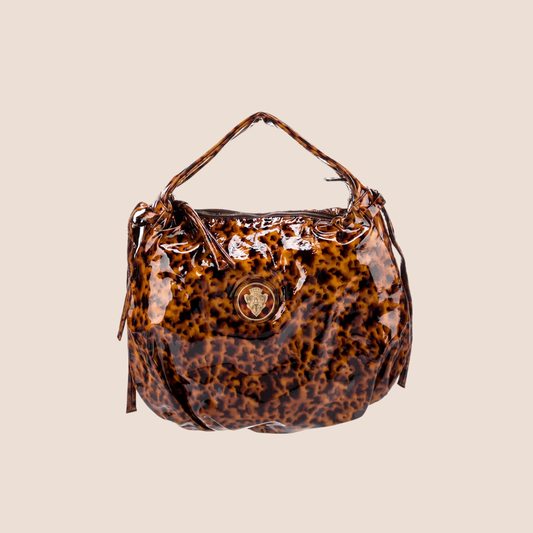 GUCCI BROWN PATENT LEATHER HYSTERIA HOBO BAG