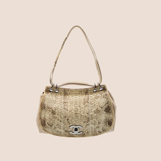 CHANEL 2003 CREAM PYTHON TRIMMED FLAP BAG