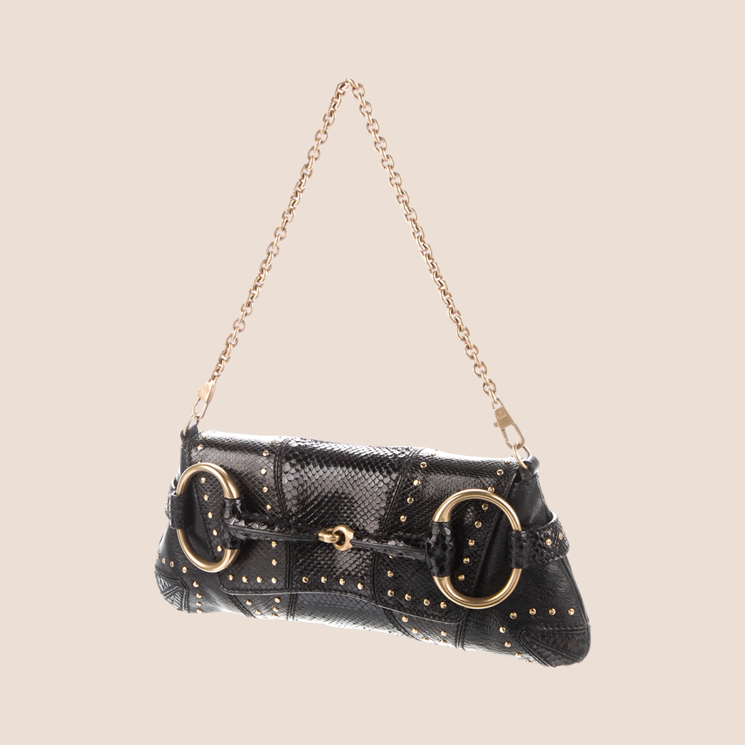 GUCCI BLACK PYTHON STUDDED HORSEBIT CHAIN CLUTCH