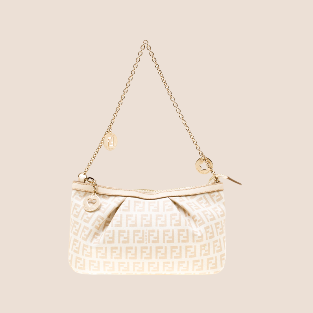 FENDI CREAM ZUCCHINO CANVAS CHARM CHAIN POCHETTE BAG