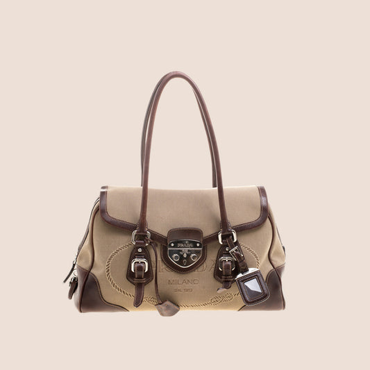 PRADA BROWN CANVAS & LEATHER PUSH LOCK SATCHEL