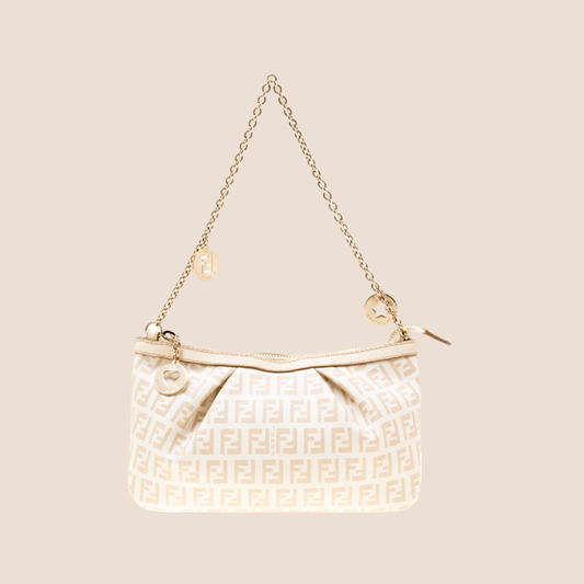 FENDI CREAM ZUCCHINO CANVAS CHARM CHAIN POCHETTE BAG