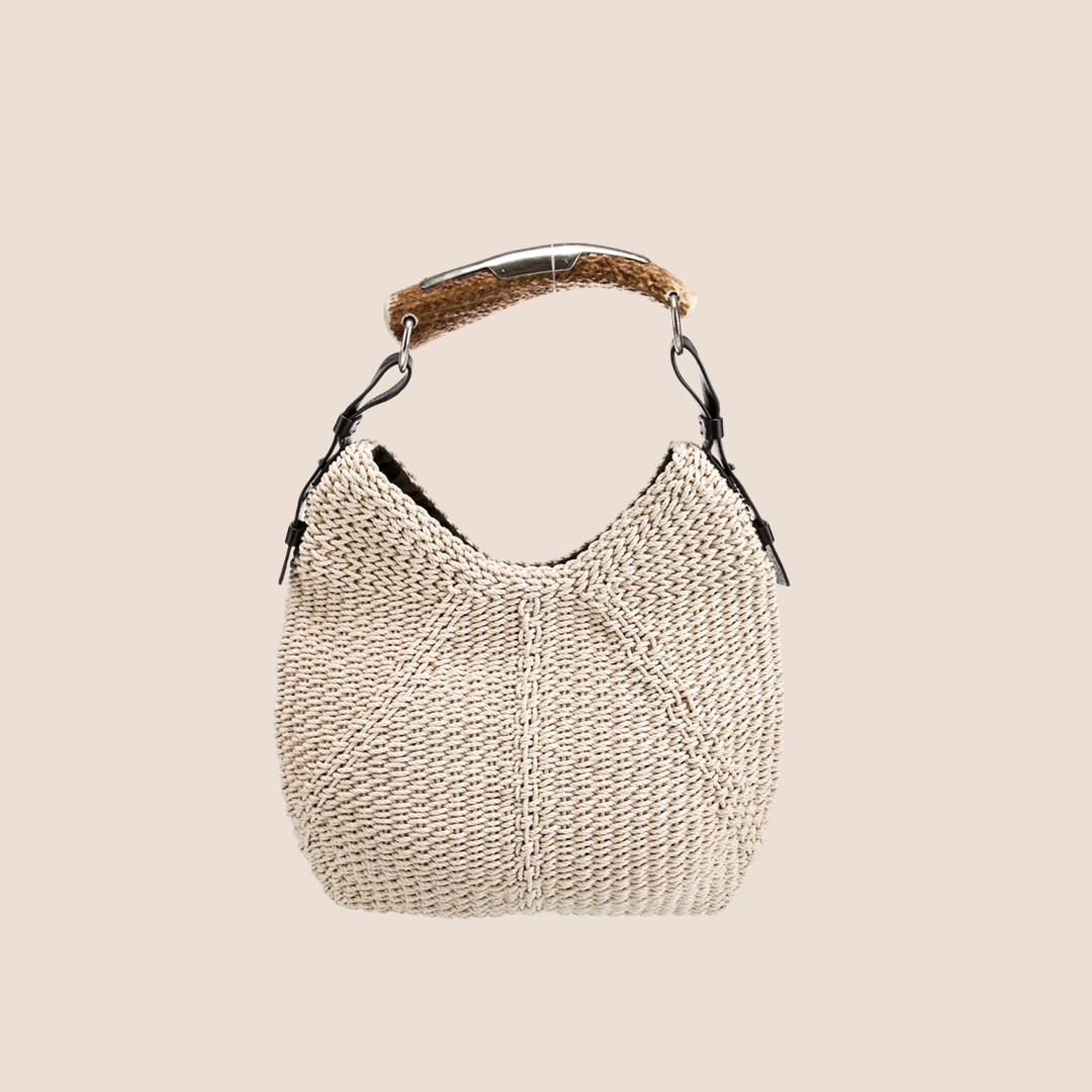 YVES SAINT LAURENT BEIGE KNIT MOMBASA TOP HANDLE BAG
