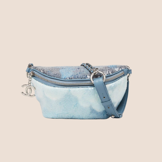 CHANEL 2018 LIGHT BLUE SEQUIN WATERFALL CC WAIST BELT BAG