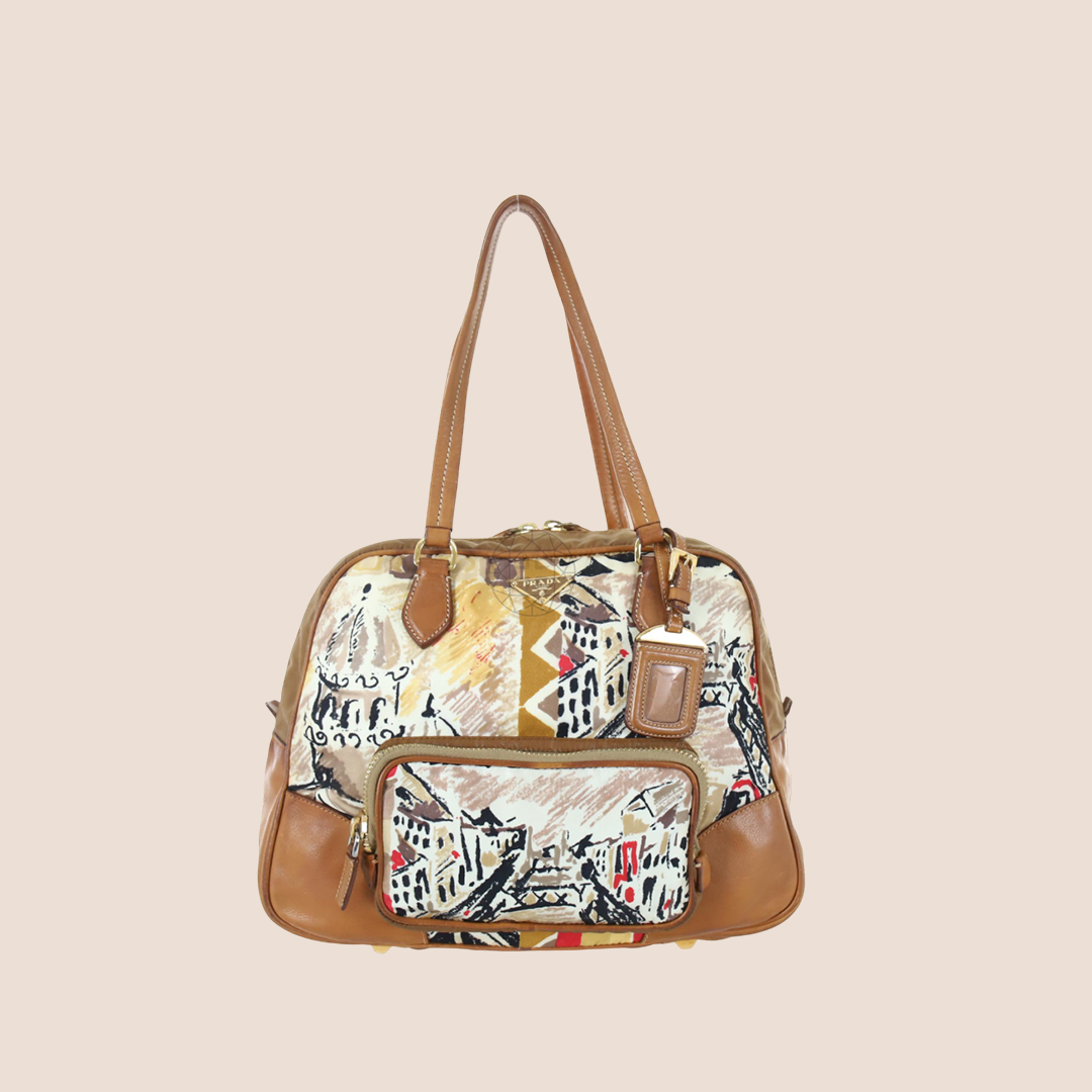 PRADA CANAPA STAMPATA VENEZIA PRINTED CANVAS BOWLER BAG