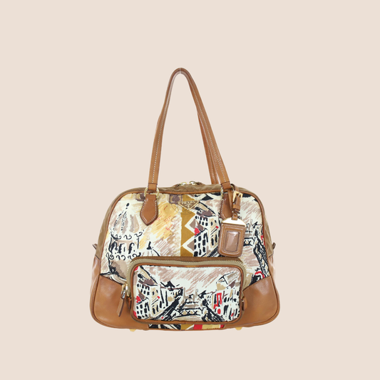 PRADA CANAPA STAMPATA VENEZIA PRINTED CANVAS BOWLER BAG