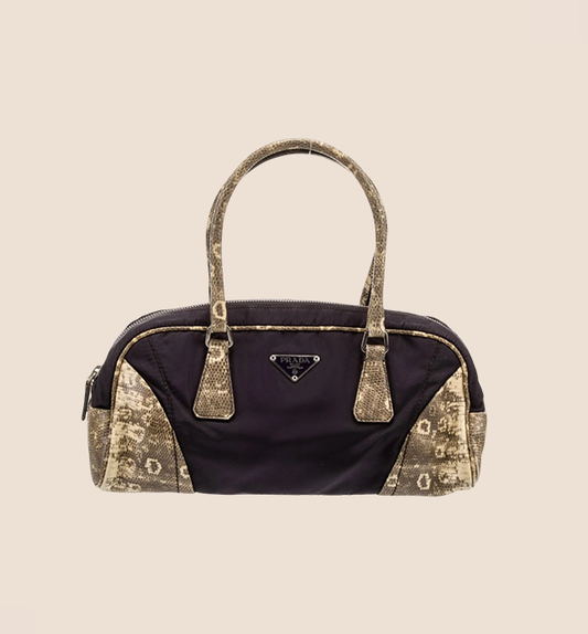 PRADA PURPLE TESSUTO NYLON LIZARD EMBOSSED BOWLER BAG