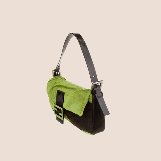 FENDI 2000 GREEN & BROWN PONY HAIR COW PRINT BAGUETTE BAG